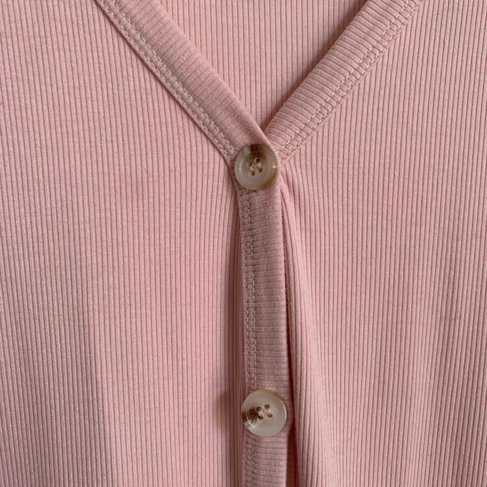 Pink Ribbed Button-Up Cardigan with Pockets - Picture 2 of 5